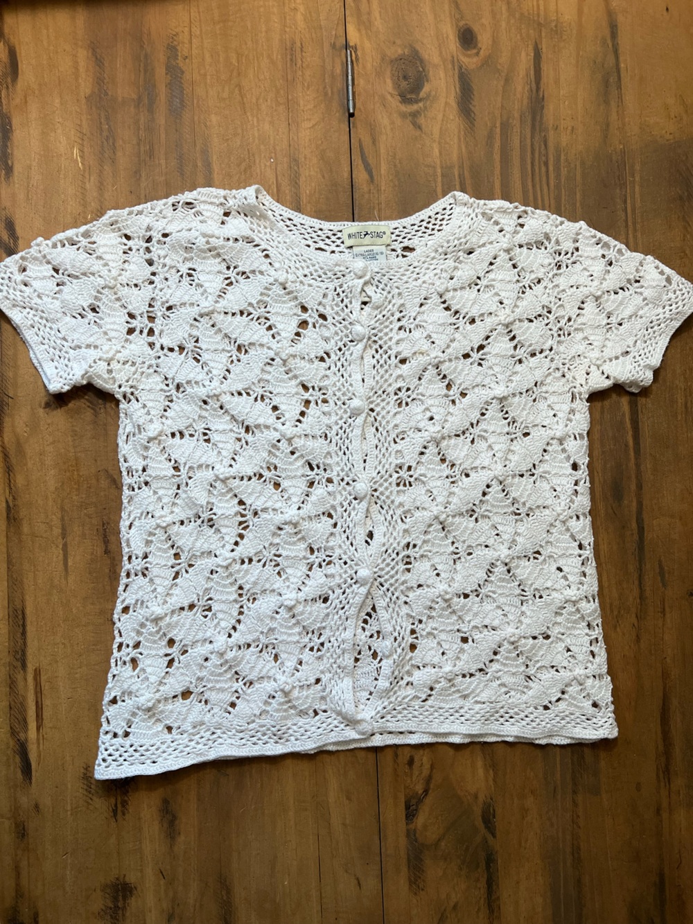 White Crochet Knit Short-Sleeve Cardigan in White